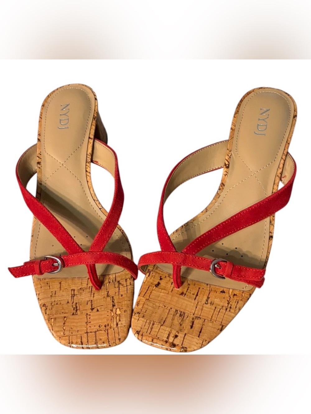NYDJ Red Suede Cork Square Toe Thong Heeled Sandals Women's Size 7 New
